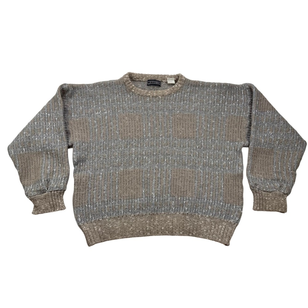 Ottimo Vintage Geometric Knit Alpaca Wool Sweater Grey Tan Crewneck Pullover L
